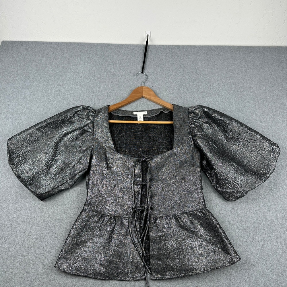 H&M Top Womens Small Peplum Silver Metallic Puff Sleeve Square Neck Tie Front